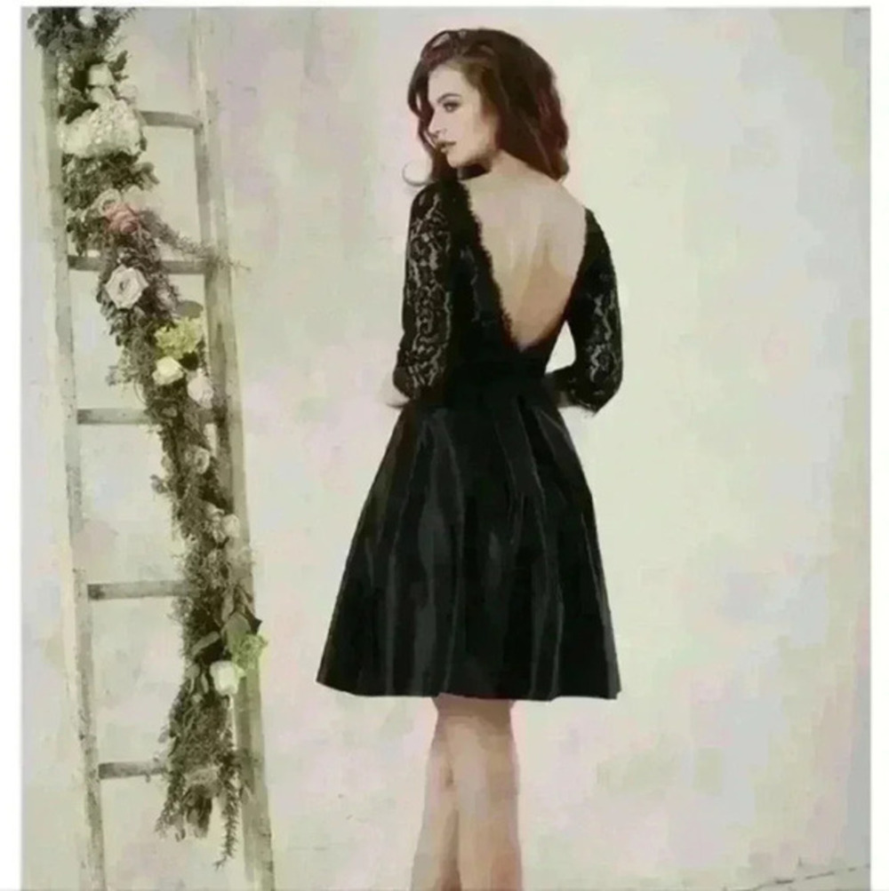 Christina Wu Long Sleeve Black Lace Full Skirt Dress